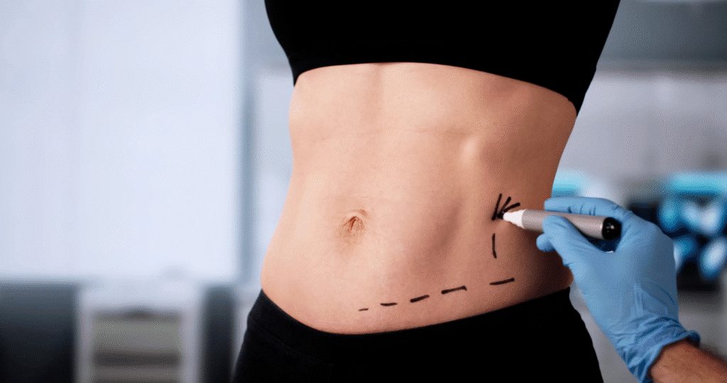 Plastic surgeon in Boca Raton marks areas for liposuction before a procedure on a female patient's abdomen